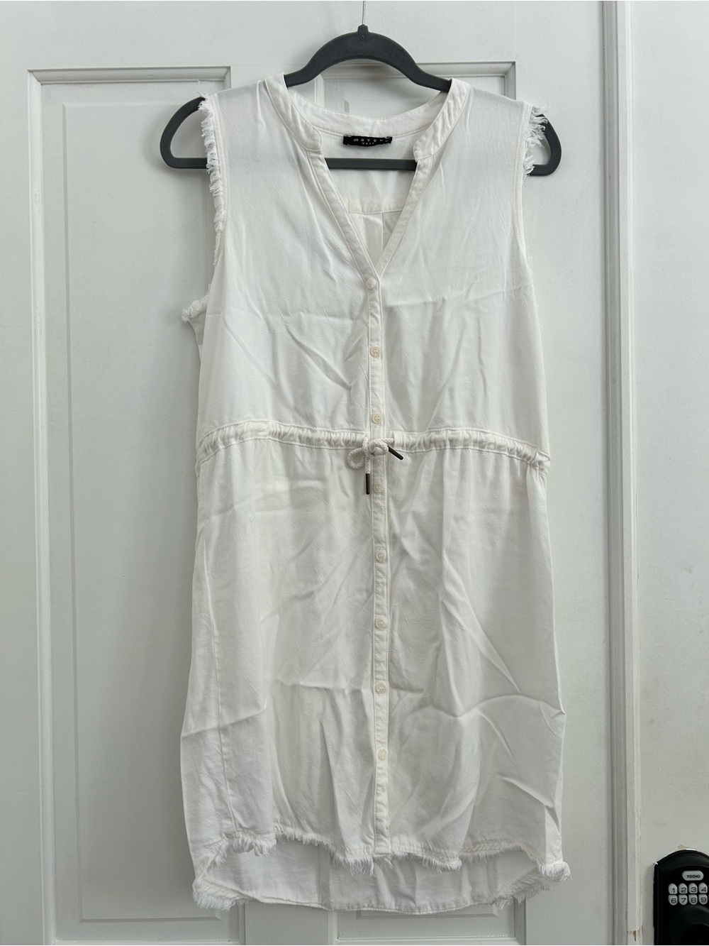 Maven West White Sleeveless Button-Front Drawstring Dress